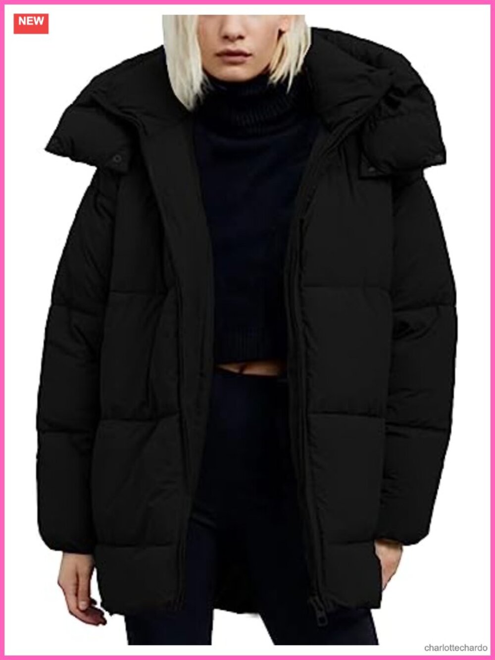 Women Mid-Length Hooded Puffer Jacket Full Zip Nylon Winter Coat Loose Fit